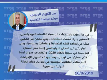 وزير الدفاع التونسي يتوعد بإعادة العلاقات مع النظام السوري في حال فوزه بالانتخابات - وكالة ستيب نيوز