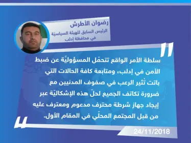 تصريح "رضوان الأطرش" الرئيس السابق للهيئة السياسيّة في محافظة إدلب، حول اغتيال الناشطين أمس بمدينة كفرنبل، واستمرار هذه الظاهرة. - وكالة ستيب نيوز
