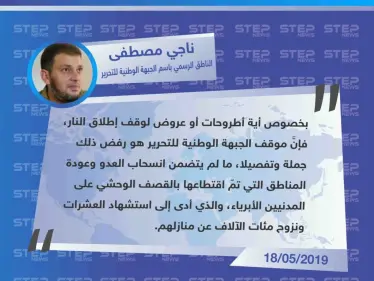 الناطق باسم الجبهة الوطنية يعلن رفضهم الإلتزام بالعرض (الروسي - التركي) لوقف إطلاق النار، ويشترط انسحاب النظام للخطوط الأولى قبيل الحملة. - وكالة ستيب نيوز