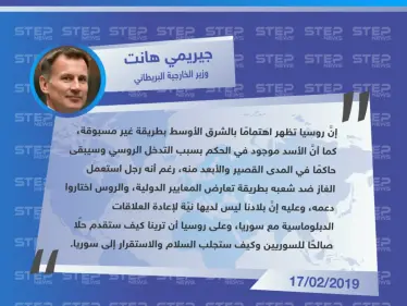 وزير الخارجية البريطاني "جيريمي هانت" : بريطانيا تعتبر أنَّ الأسد باقي في الحكم، والروس يدعمونه رغم أنه استعمل الغاز ضدَّ شعبه - وكالة ستيب نيوز