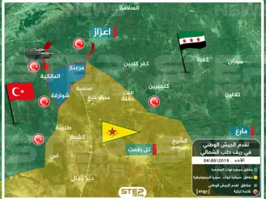 خريطة تظهر تقدم الجيش الوطني على مناطق ميليشيا قسد بريف حلب الشمالي 4 5 2019 - وكالة ستيب نيوز
