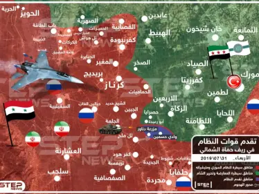 خريطة تُظهر تقدم قوات النظام في ريف حماة الشمالي 31/7/2019 - وكالة ستيب نيوز