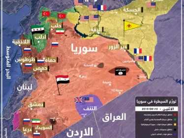 خريطة لتوزّع السيطرة والنفوذ للقوى المحليّة والأجنبيّة في سوريا حتى 10-06-2019 - وكالة ستيب نيوز