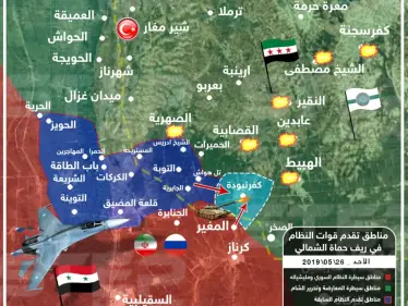 خريطة توضيحية تبين مناطق تقدم قوات النظام اليوم في ريف حماة الشمالي 26-05-2019 - وكالة ستيب نيوز