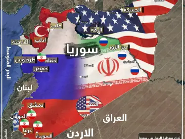 هكذا يبدو توزّع السيطرة بين الدول في سوريا اليوم 17 8 2019 . - وكالة ستيب نيوز
