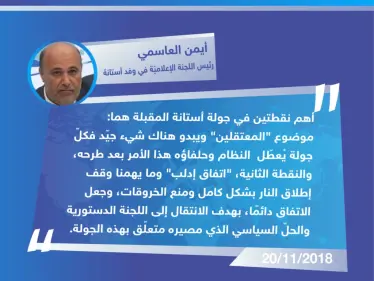 تصريح السيّد "أيمن العاسمي" رئيس اللجنة الإعلاميّة في وفد أستانة لوكالة ستيب الإخبارية حول أهمية انعقاد الجولة الحادية عشرة من مباحثات أستانة المقررة يومي 28 و29 الشهر الجاري - وكالة ستيب نيوز