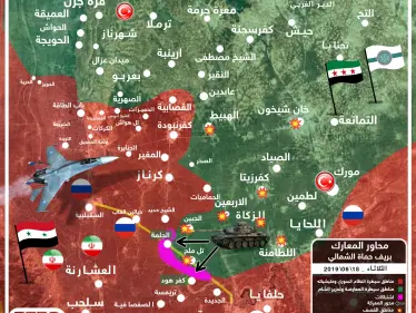 خريطة تظهر آخر تطورات المعارك شمال حماة بين المعارضة وقوات النظام - وكالة ستيب نيوز