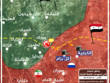 خريطة تظهر مواقع حواجز النظام السوري الذي استهدفت نقاط المراقبة التركية شمال حماة - وكالة ستيب نيوز