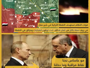 قوات النظام تستهدف النقطة التركية في شير مغار في ريف حماة بأكثر من ثمان قذائف أدت لوقوع انفجارات و حرائق في النقطة . - وكالة ستيب نيوز