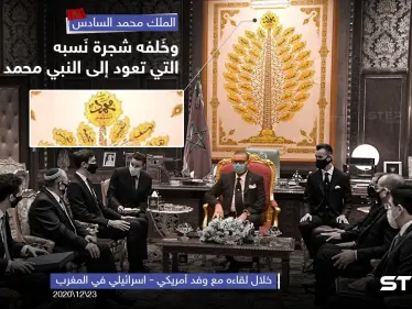 ملك المغرب محمد السادس يضع خلفه شجرة نسبه خلال لقاءه وفد إسرائيلي - أمريكي - وكالة ستيب نيوز