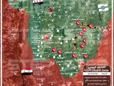 خريطة تُظهر القصف الجوي الروسي والمدفعي من قوات النظام على أرياف ادلب وعلى مسار دوريات المراقبة التركية - وكالة ستيب نيوز