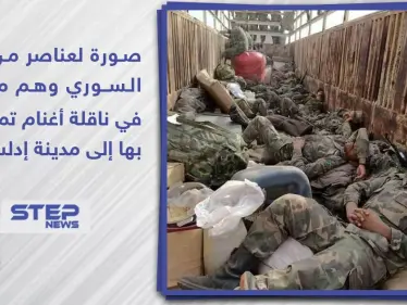 صورة لعناصر من النظام السوري و هم متواجدين في ناقلة أغنام تم شحنهم بها إلى إدلب - وكالة ستيب نيوز