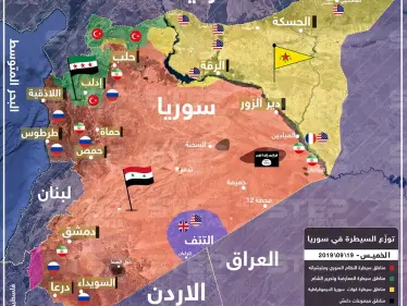 خريطة تُظهر توزع السيطرة في سوريا الخميس 19/09/2019 - وكالة ستيب نيوز