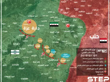 خريطة تُظهر جبهات تقدم هيئة تحرير الشام على حركة نور الدين الزنكي ضمن الاقتتال الدائر غربي حلب - وكالة ستيب نيوز