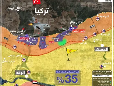 خريطة تظهر سيطرة قوات نبع السلام على 35 بالمئة من المنطقة الآمنة - وكالة ستيب نيوز