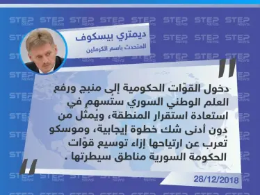 ترحيب "دميتري بيسكوف" المتحدث باسم الكرملين الروسي بدخول قوّات الأسد إلى مدينة منبج - وكالة ستيب نيوز