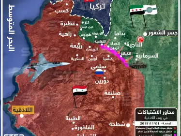 خريطة تُظهر محاور الاشتباكات بين قوات المعارضة وقوات النظام بريف اللاذقية - وكالة ستيب نيوز