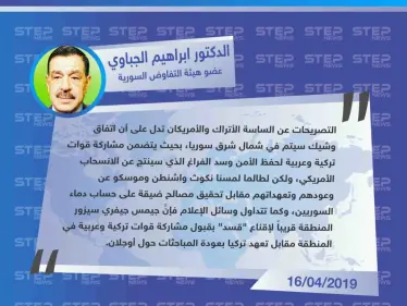خاص|| عضو هيئة التفاوض السورية: التصريحات السياسية التركية والأمريكية تدل على اتفاق وشيك في شمال شرق سوريا - وكالة ستيب نيوز