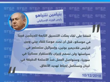 تصريح رئيس الوزراء الإسرائيلي "بنيامين نتنياهو" حول مواقفهم من إيران، وعن اللقاء المرتقب بين فرق التنسيق التابعة للجيشين الإسرائيلي والروسي. - وكالة ستيب نيوز