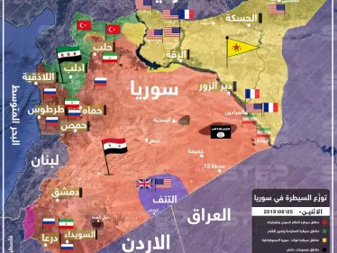 خريطة تظهر توزع السيطرة والقوة في سوريا 5 -8 -2019 - وكالة ستيب نيوز