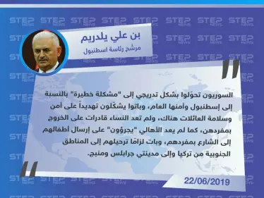 مرشّح بلدية اسطنبول "يلدريم": "السوريون تحوّلوا إلى مشكلة خطيرة، حتى بات الأهالي لم يعد يجرؤون على إرسال أطفالهم إلى الشارع بمفردهم". - وكالة ستيب نيوز