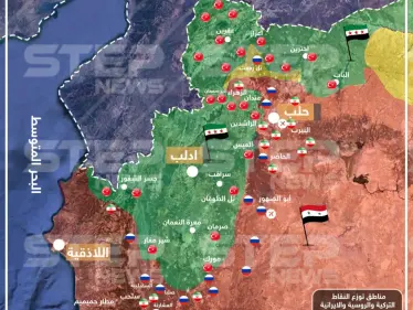 خريطة تظهر مناطق توزع النقاط التركية و الروسية و الإيرانية في إدلب و حماة - وكالة ستيب نيوز