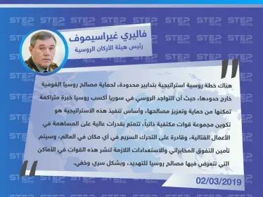 رئيس هيئة الأركان الروسية: هناك خطة روسية استراتيجية لتكوين مجموعات قتالية روسية مكتفية ذاتياً، مهمتها حماية مصالح روسيا خارج الحدود - وكالة ستيب نيوز