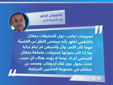 وزير الخارجية التركي "تشاووش أوغلو" يردّ على تصريحات الرئيس الأمريكي "دونالد ترامب" الأخيرة بشأن قضيّة خاشقجي، ويؤكد لقاء أردوغان ومحمد بن سلمان - وكالة ستيب نيوز
