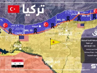 خريطة تظهر "المنطقة الآمنة" المحتمل تنفيذها على الحدود السورية التركية - وكالة ستيب نيوز