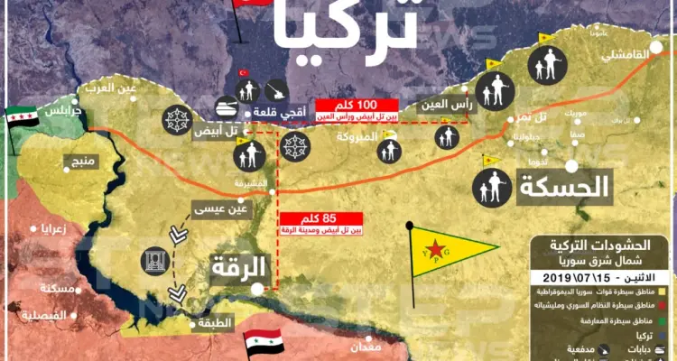 خريطة تبيّن الحشود التركية على الحدود السورية قبالة مناطق سيطرة "قسد": أخبار