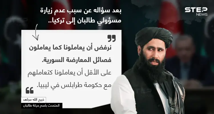 المتحدث باسم (حركة طالبان) ذبيح الله مجاهد ، يرفض تعامل تركيا مع الحركة كتعاملها مع فصائل المعارضة السورية: أخبار