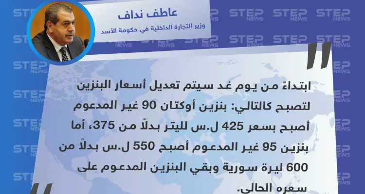 وزير التجارة الداخلية في حكومة الأسد يحدد التسعيرة الجديدة لمادة البنزين في سوريا: أخبار