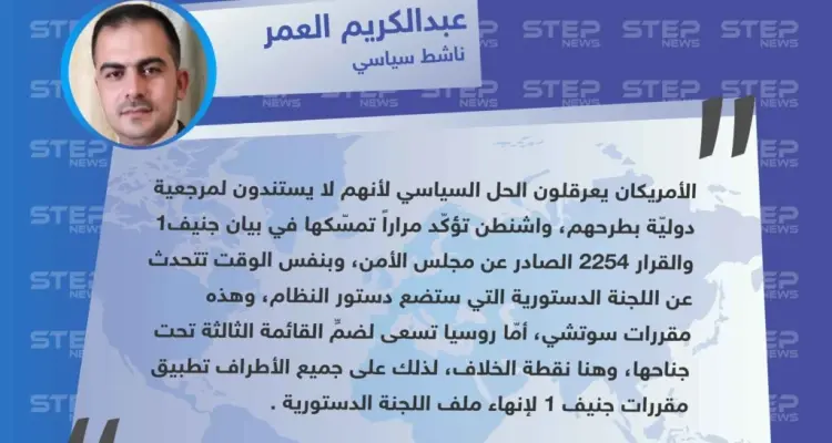 خاص || تصريح لـ الناشط السياسي "عبدالكريم العمر" حول الدور الأمريكي والروسي بعرقلة ملف اللجنة الدستورية .: أخبار