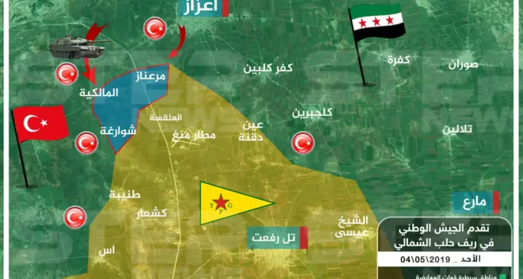 خريطة تظهر تقدم الجيش الوطني على مناطق ميليشيا قسد بريف حلب الشمالي 4 5 2019: أخبار