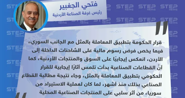 رئيس غرفة الصناعة الأردنية: قرار تطبيق المعاملة بالمثل مع سوريا انعكس إيجابيًا على السوق الأردنية: أخبار