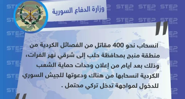 وزارة الدفاع السورية : انسحاب الفصائل الكردية من مدينة منبج إلى شرق الفرات: أخبار