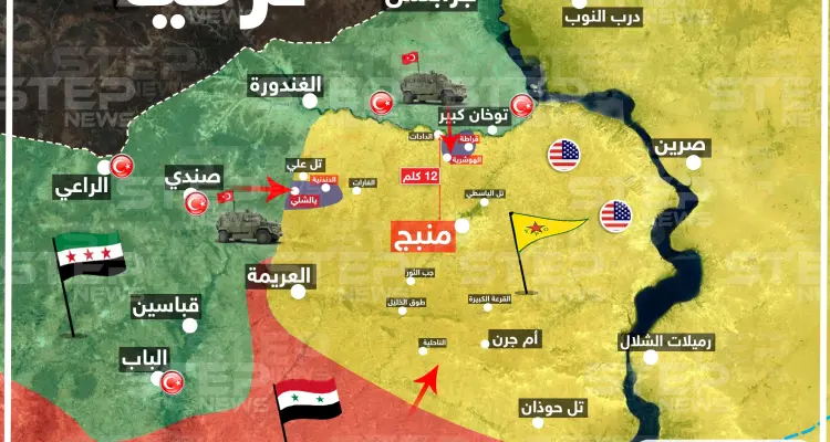 خريطة تظهر أبرز نقاط تقدم النظام السوري في منبج ونقاط الحرب والاشتباكات فيها: أخبار