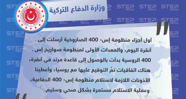 وزارة الدفاع التركية تُعلن تسلّمها أجزاء من منظومة "إس 400" المتفق عليها مع روسيا: أخبار