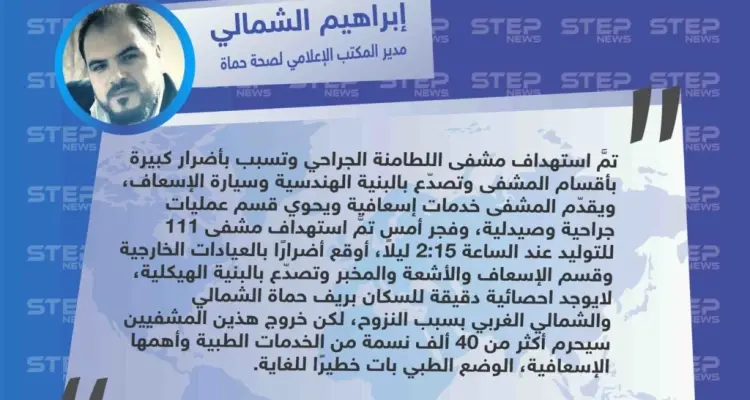 صحة حماة لـ ستيب: الطيران الروسي استهدف آخر مشفيين في الريف الشمالي والغربي بحماة، حيث لم يعد هناك أي مركز إسعافي لاستقبال المدنيين المتضرريين من القصف المستمر، وبات الوضع الطبي خطير للغاية.: أخبار