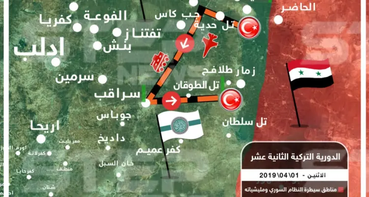 خريطة تبين مسار الدورية التركية الثانية عشر التي تجولت في ريف إدلب: أخبار