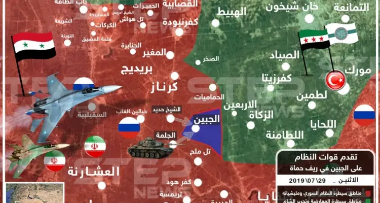 خريطة السيطرة في ريف حماة بعد تقدم قوات النظام السوري الى قرية الجبين 29/07/2019: أخبار