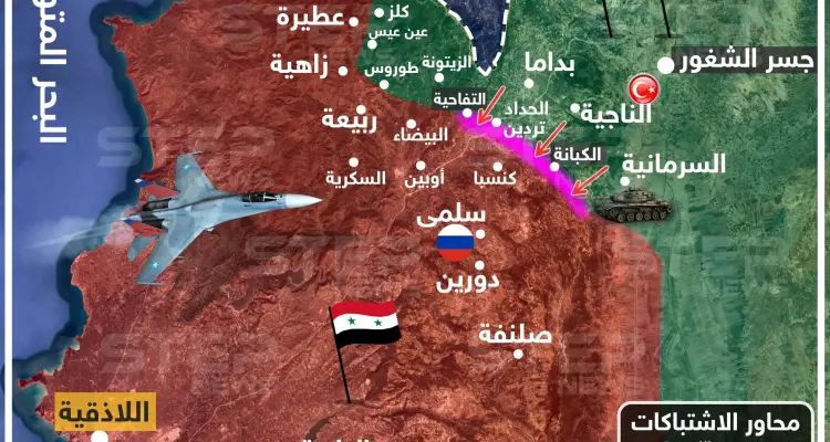 خريطة تُظهر محاور الاشتباكات بين قوات المعارضة وقوات النظام بريف اللاذقية: أخبار