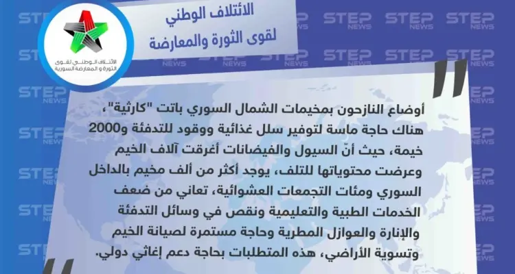 الائتلاف يُبيّن حجم الكارثة الإنسانية بمخيمات الشمال السوري جرّاء السيول المطرية، ويطالب بدعم دولي لتأمين الاحتياجات الأساسية.: أخبار