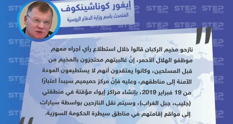 "إيغور كوناشينكوف" المتحدث باسم وزارة الدفاع الروسية : مركز حميميم سيُنشئ مراكز إيواء لنازحي مخيم الركبان، وسيتم نقلهم عبر سيارات: أخبار