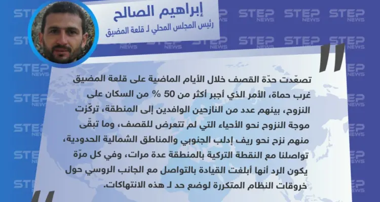 "إبراهيم الصالح" رئيس المجلس المحلي لقلعة المضيق : أكثر من نصف سكان قلعة المضيق نزحوا جرّاء القصف، والنقطة التركية أبلغت قيادتها بالتواصل مع الروسي لوضع حد!! .: أخبار