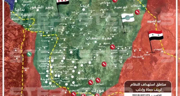 خريطة تظهر المناطق المستهدفة من قبل النظام السوري في ريفي حماة وإدلب 23/02/2019: أخبار