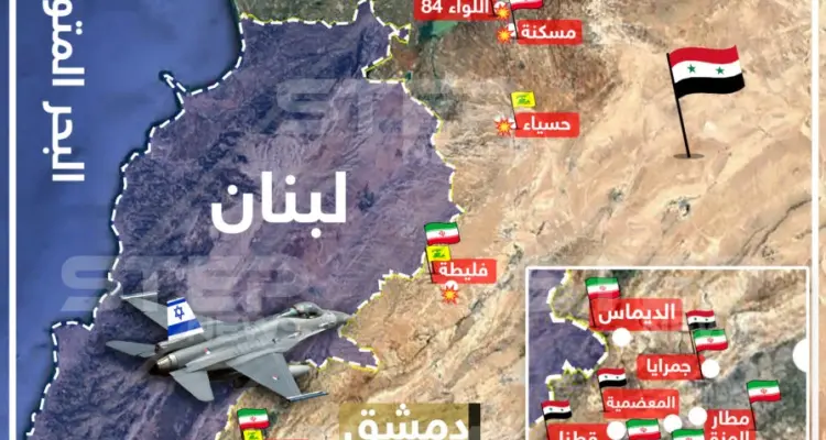 خريطة تظهر مواقع الأهداف التي استهدفها الطيران الإسرائيلي في ريف دمشق وحمص 01-07-2019: أخبار