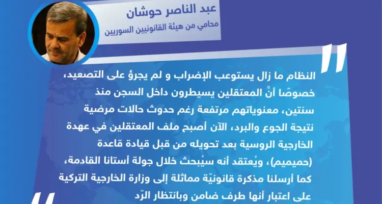 تصريح خاص من للمحامي "عبد الناصر حوشان" من هيئة القانونيين السوريين لـ وكالة "ستيب الإخبارية" حول آخر تطورات اعتصام سجن حماة المركزي: أخبار