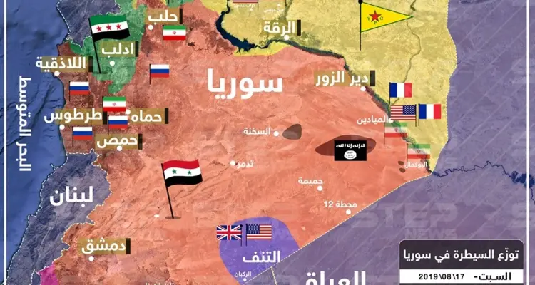 خريطة لتوزّع السيطرة والنفوذ للقوى المحليّة والأجنبيّة في سوريا حتى 17-08-2019: أخبار