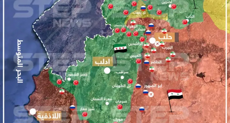 خريطة تظهر مناطق توزع النقاط التركية و الروسية و الإيرانية في إدلب و حماة: أخبار
